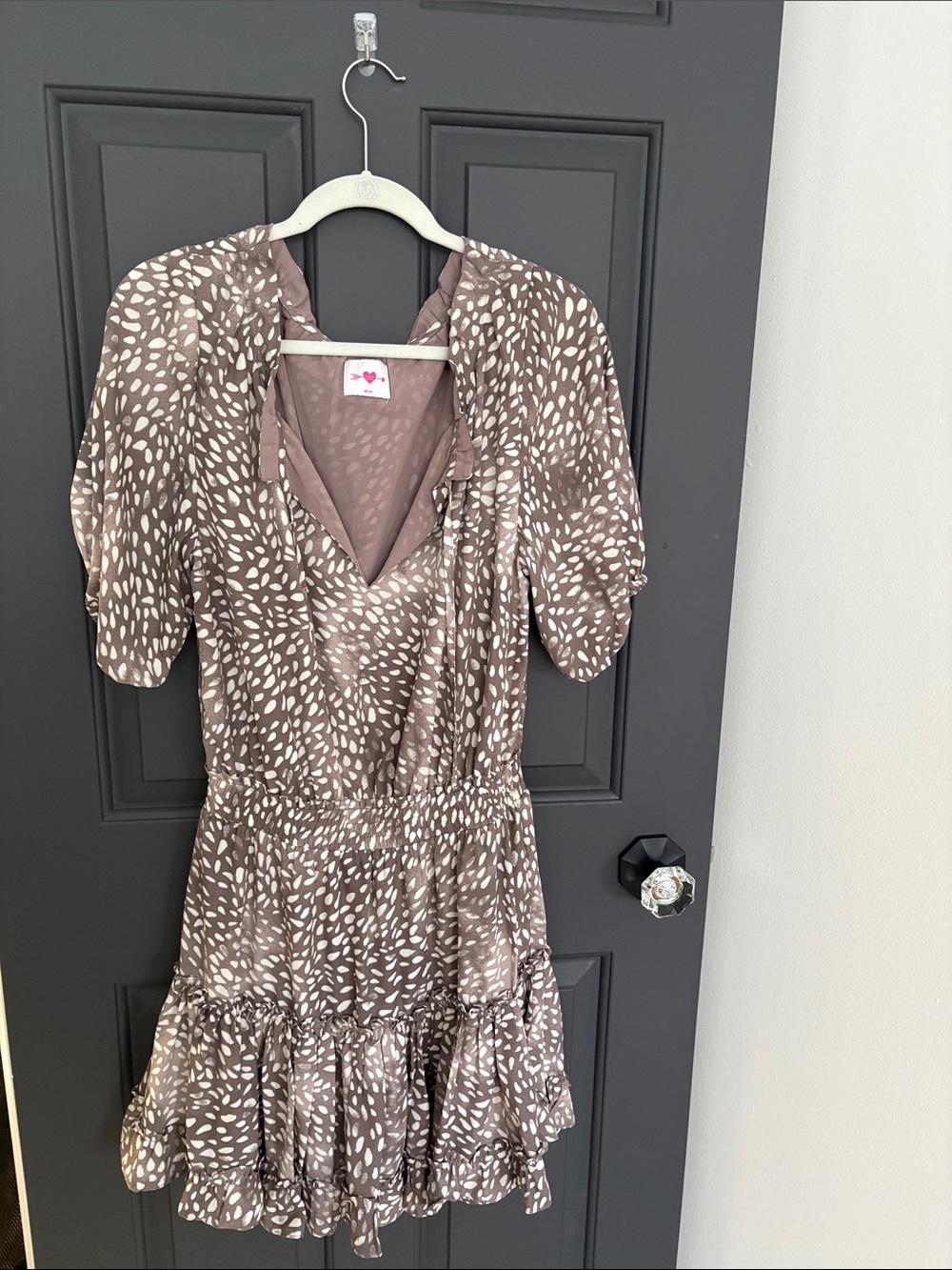 Buddy Love Taupe and White Leaf-Print Ruffle Mini Dress
